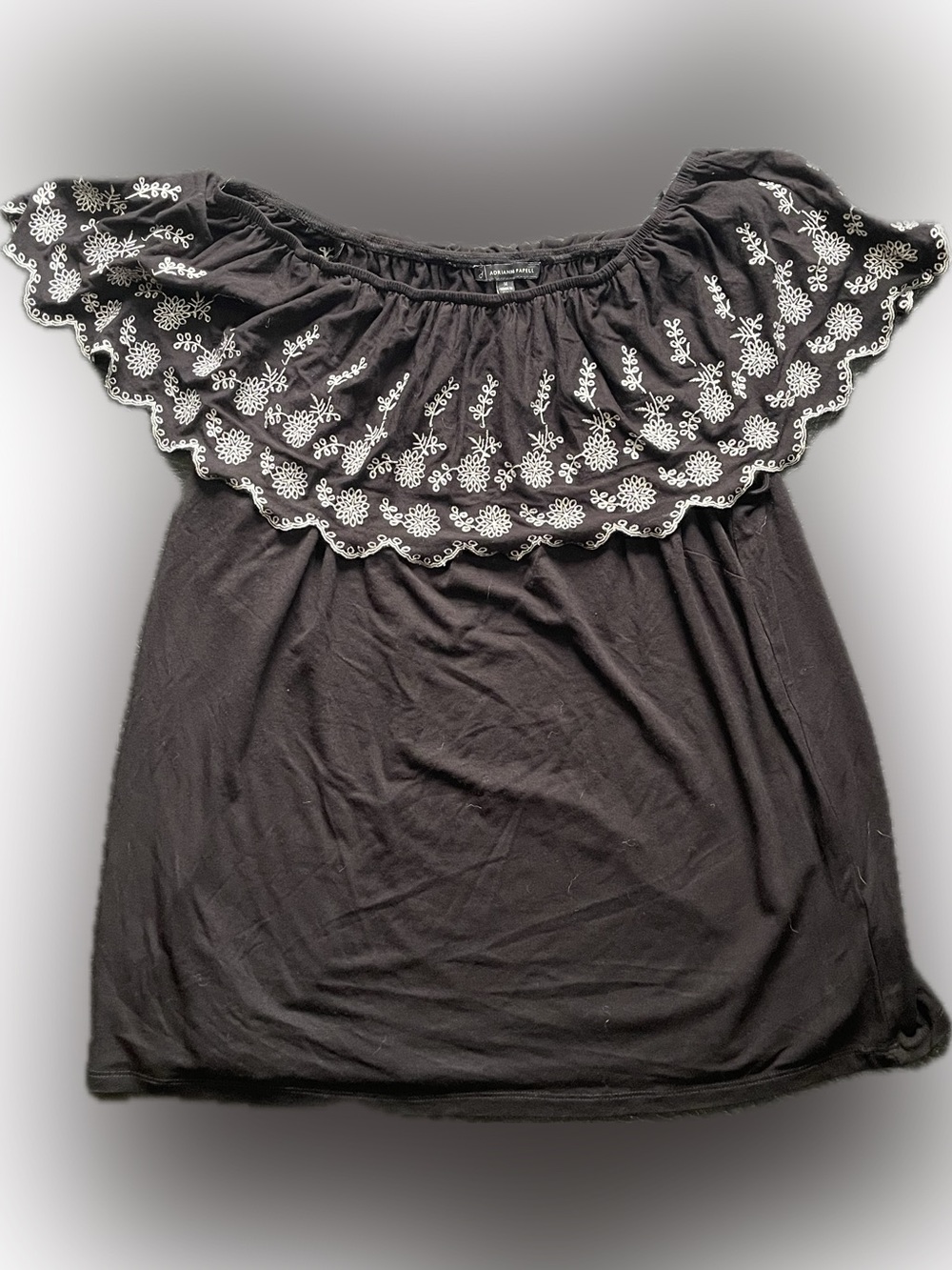 Adrianna Papell Black Off-Shoulder Tunic with White Embroidery